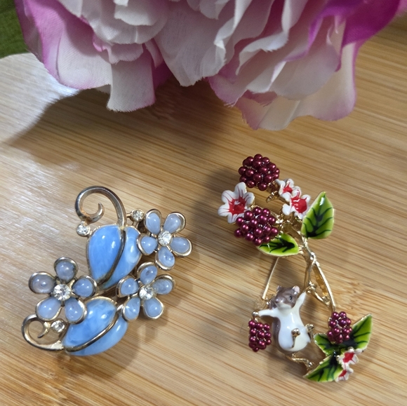 Jewelry - Vintage Enamel Floral and Berry Themed Brooch Set